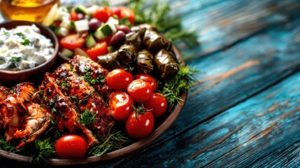 A vibrant display of Mediterranean cuisine featuring grilled meats, fresh vegetables, and savory additions arranged beautifully on a rustic wooden platter.