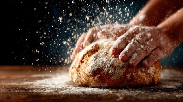 A close-up shot showing hands expertly kneading dough, with flour dust flying in the air, capturing the essence of traditional bread making and the joy of cooking.