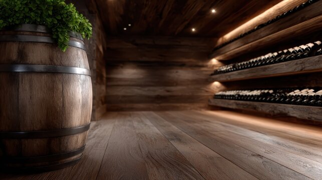 A cozy and rustic wine cellar featuring wooden shelves stocked with wine bottles and a barrel, evoking a sense of warmth and inviting ambiance for wine enthusiasts.
