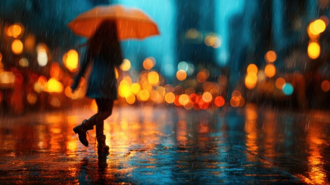 A solitary figure walks with a bright umbrella on a rainy city street, illuminated by colorful bokeh lights creating an enchanting nighttime atmosphere.