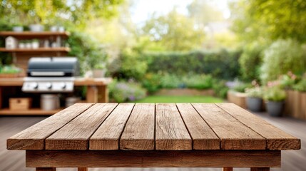 Fototapeta premium Wooden table in a backyard with a grill and lush greenery.