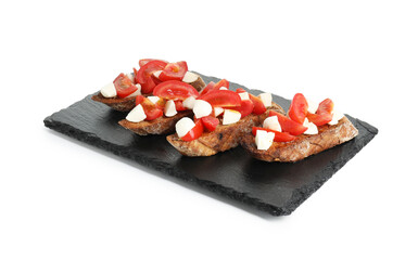 Tasty bruschettas with tomatoes and mozzarella cheese isolated on white