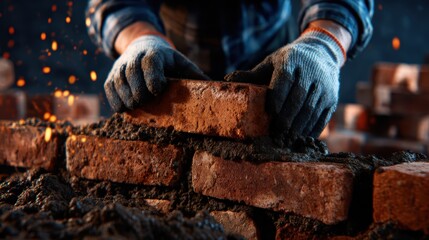 A skilled mason meticulously layers bricks, illustrating craftsmanship and dedication in construction, creating a robust structure that embodies strength and durability.
