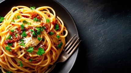 This mouthwatering plate of spaghetti garnished with fresh herbs and cheese invites a delicious culinary experience, embodying the joy of good food.