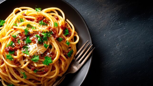 This mouthwatering plate of spaghetti garnished with fresh herbs and cheese invites a delicious culinary experience, embodying the joy of good food.
