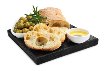 Fresh cut ciabatta, oil, olives and rosemary isolated on white