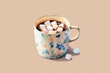 watercolor illustration of cozy mug of hot chocolate with marshmallows, pastel beige background, warm Christmas mood
