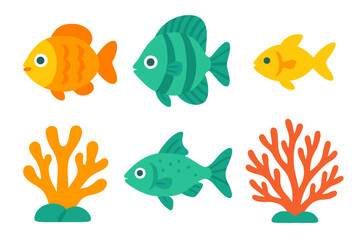 Fototapeta premium Colorful cartoon tropical fish and coral reef elements for underwater design