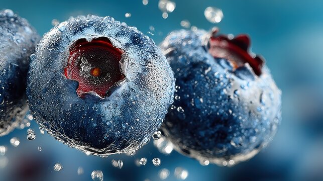 A captivating close-up of fresh blueberries glistening with water droplets reflects freshness and vitality, emphasizing their healthy appeal in a vibrant culinary context.