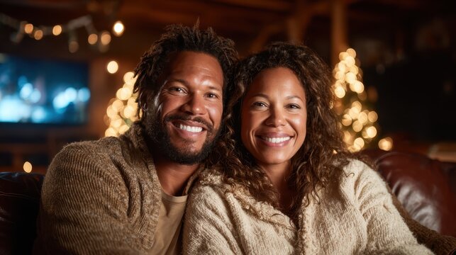 A cheerful couple snuggles together in a cozy setting, surrounded by warm decorations, evoking feelings of love, comfort, and relaxation for lifestyle and home decor themes.