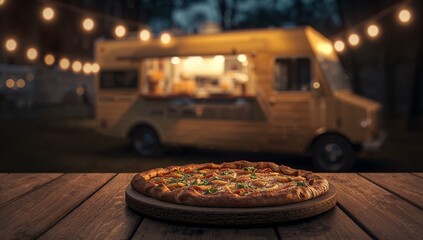 Gourmet pizza on wooden table with food truck at night festival