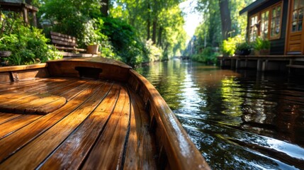 A picturesque wooden boat floats gently on a tranquil waterway, surrounded by lush greenery, offering a serene escape into nature's beauty and charm.