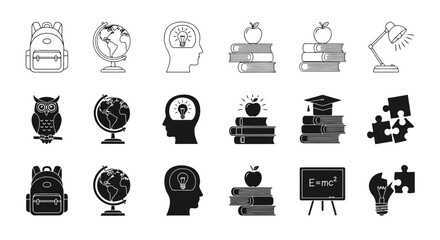 Vector art of collection of education icons, featuring school supplies, learning symbols, and academic elements for educational designs