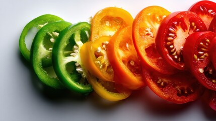 A vibrant arrangement of sliced peppers and tomatoes showcases their rich colors, highlighting the freshness and appeal of these popular vegetables for culinary use.