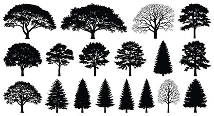 Vector art of collection of tree silhouettes, featuring diverse shapes and sizes, perfect for naturethemed designs and artistic projects