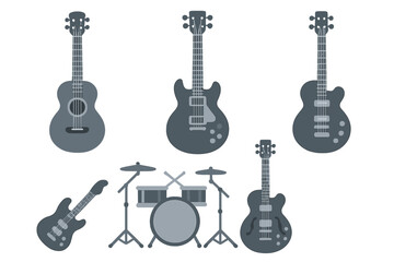 Fototapeta premium Assortment of acoustic and electric string instruments alongside a drum kit