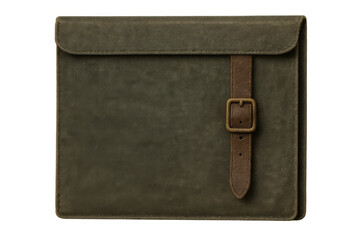 Fototapeta premium Olive green waxed canvas laptop sleeve with leather strap and brass buckle creating vintage style and protection