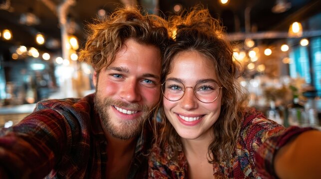 A cheerful young couple enjoys a playful moment together as they take a selfie in a bright and inviting atmosphere, reflecting love, connection, and shared happiness.