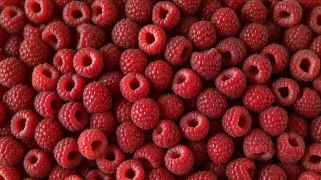 Detailed macro shot of fresh ripe raspberries tightly packed together, showcasing their juicy texture and vibrant red color. Natural and healthy food background. Summer fruit.