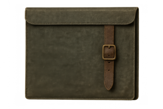 Olive green waxed canvas laptop sleeve with leather strap and brass buckle creating vintage style and protection