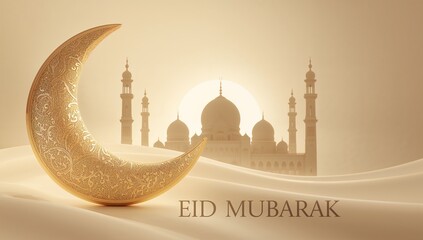 Golden crescent moon and mosque for eid mubarak religious holiday.