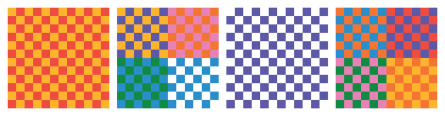 Cool simple geometric Y2K backgrounds. Colorful trendy checker board square seamless pattern collection. Set of geometric pastel square background in vintage 90s style, groovy multicoloured retro