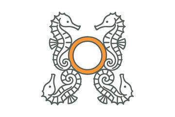 Fototapeta premium Four seahorses create a circular frame emblem design element