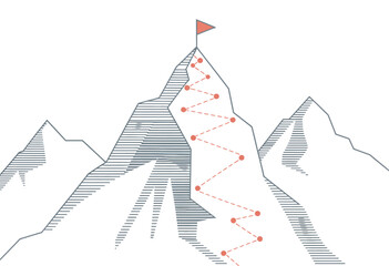 Mountain climbing route to peak symbolizing business journey, progress, and goal achievement, with clear steps and milestones for success concept visuals.