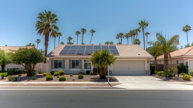 Modern suburban single family home with solar panels on the roof and palm trees in the front yard under a clear blue sky on a sunny day - Powered by Adobe