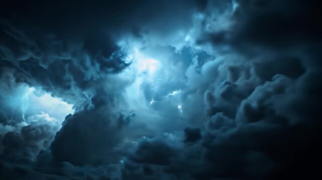 Dramatic stormy sky with powerful dark thunderclouds and lightning flashes, creating an ominous and intense weather scene.