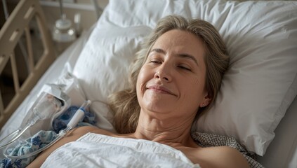 Elderly woman smiling while resting in hospital bed with IV line  