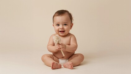 Baby smiling while sitting on beige background holding a toy  