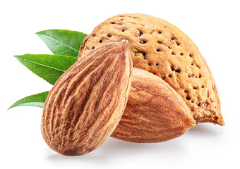 Almond nut in shell, almonds and green leaves isolated on white background. File contains clipping path.