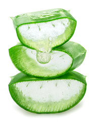 Stack of three aloe vera slices and dropping aloe vera gel, macro shot isolated on white background.