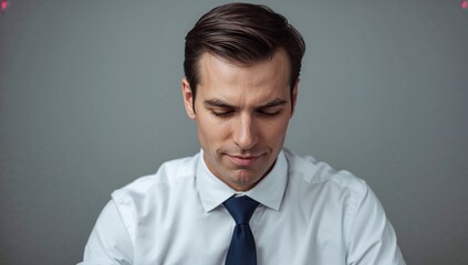 Businessman looking down with serious expression in studio setting  