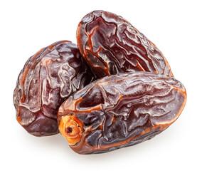 Ripe dry or soft dates palm fruit isolated on white background. File contains clipping path.