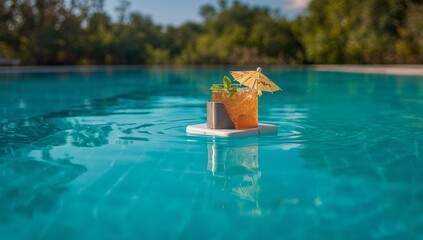 Drink floating in pool with umbrella and greenery background  