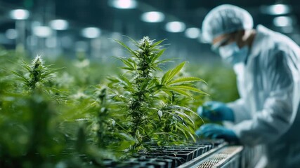Cultivation of medical cannabis in a controlled greenhouse environment. Marijuana plants grown for pharmaceutical and therapeutic use, concept of legal production for healthcare.