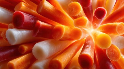 A vibrant display of carrots and radishes radiates striking colors, symbolizing a fresh and healthy lifestyle with a burst of energetic hues to captivate viewers.