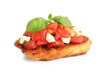 Tasty bruschetta with tomatoes, mozzarella cheese and basil isolated on white