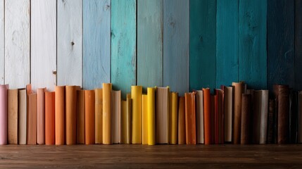 A collection of colorful book spines arranged neatly against a rustic wooden background, symbolizing knowledge, diversity, and the joy of reading in a visually striking manner.
