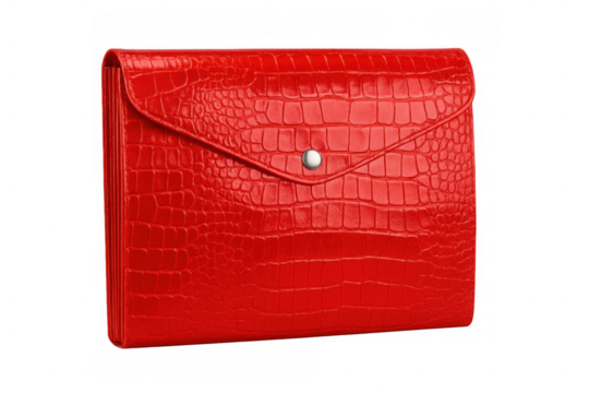 Red faux crocodile leather clutch bag or portfolio for documents and fashion accessory isolated