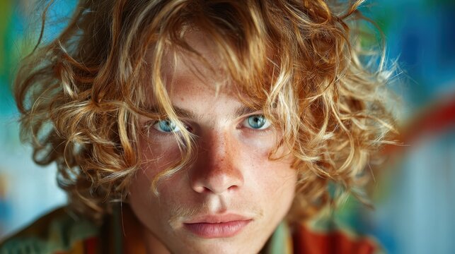 A captivating portrait of a young man with striking curly hair and intense, expressive eyes that capture a multitude of emotions and reveal a story untold within his gaze.