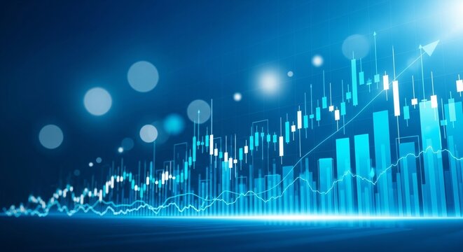 Stock Market Candlestick Chart with Bullish Trend. Financial Investment, Business Analysis and Growth Concept. Digital Illustration - Powered by Adobe