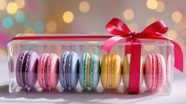 Assorted pastel macarons arranged in a clear plastic box with a red ribbon. Elegant dessert gift on soft blurred lights background. Sweet and festive mood. Great for holidays.
