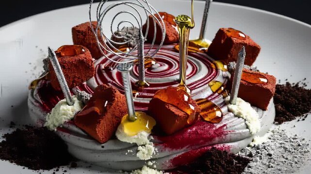 A surreal, AI-generated image parodying gourmet food. This conceptual dessert features industrial elements like nails and wire, a sharp critique of modern haute cuisine's excesses and presentation foc