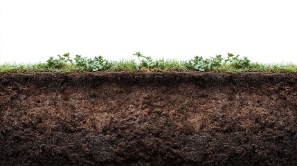 Cross-section of soil with grass and plants against a white background.