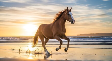 Majestic Horse Galloping on Beach at Sunset - A Moment of Freedom.