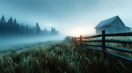 Eerie and tranquil foggy landscape featuring a rustic barn and wooden fence, evoking a sense of nostalgia and calmness amidst natural beauty.