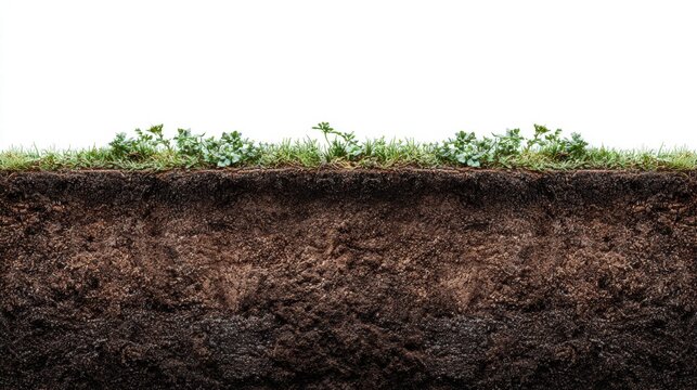 Cross-section of soil with grass and plants against a white background.